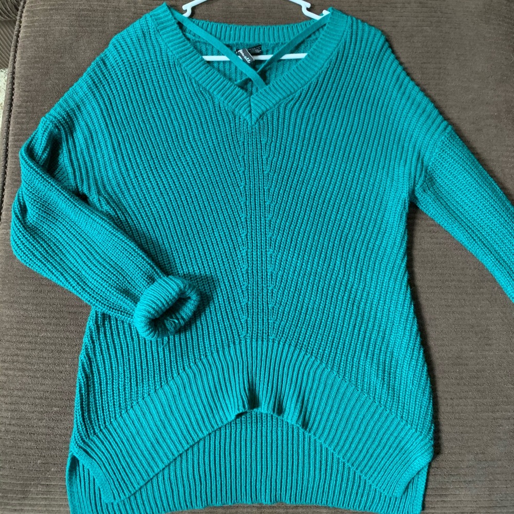 Teal Sweater with crosses at neckline